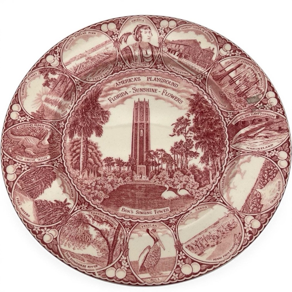 Florida State Plate Bok's Singing Tower  Old English Staffordshire Plate Red